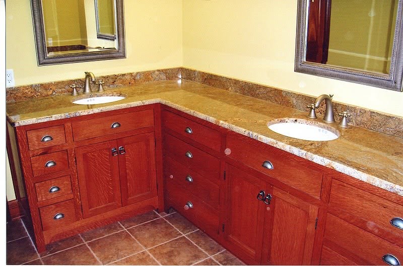 Craftsman quartersawn oak double vanity with granite tops
