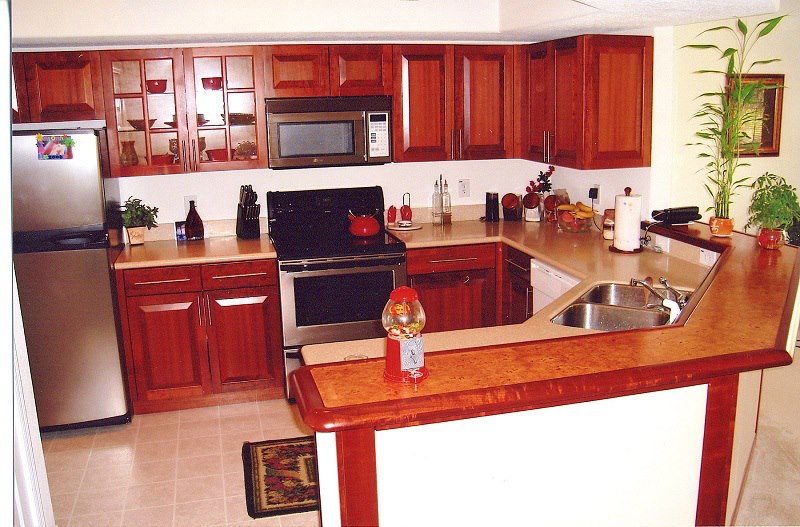 Cherry galley kitchen with mosaic backsplash and stainless range