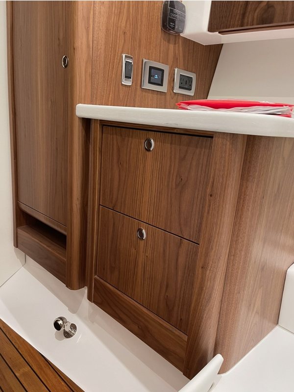 Walnut cabinetry with a switch panel and quartz-topped stowage
