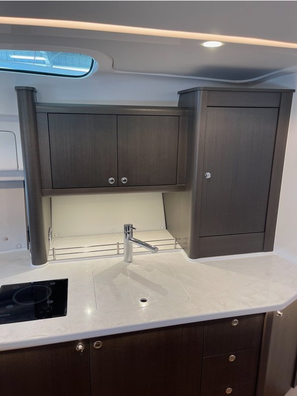 Walnut galley with a quartz counter, sink and induction cooktop