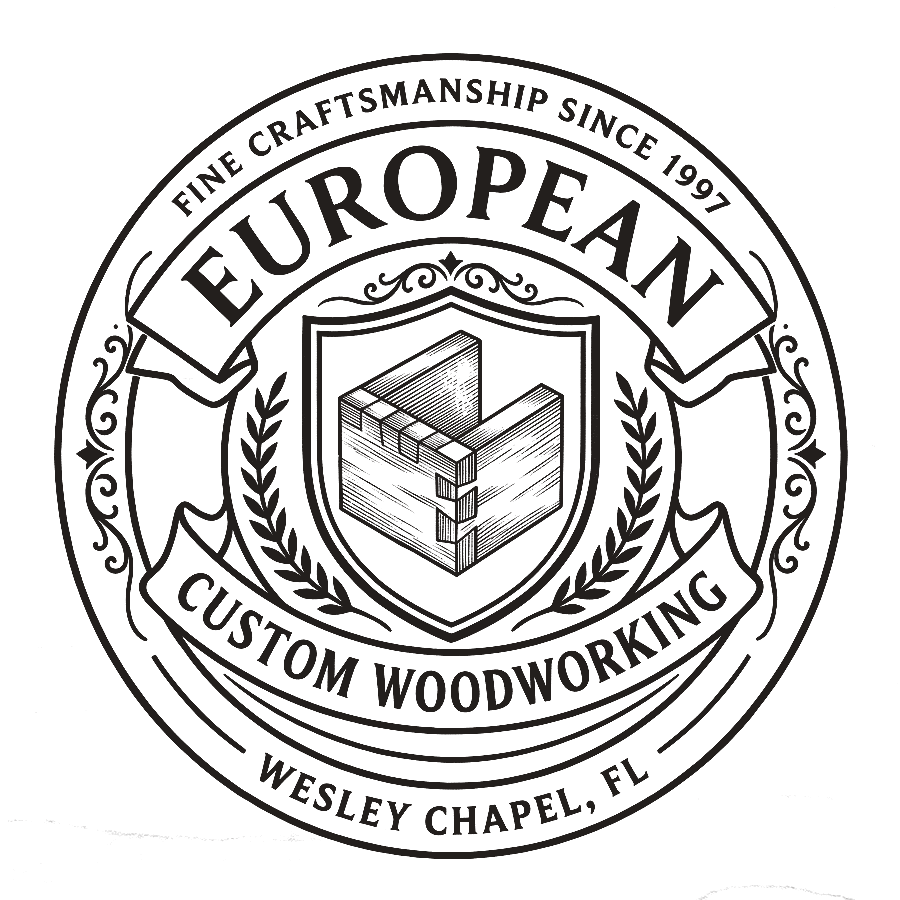 European Custom Woodworking maker's seal: a joined corner in a shield,
            fine craftsmanship since 1997, Wesley Chapel, Florida